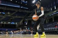 Natasha Cloud #9 of the New York Liberty warms-up to a game against the Chicago Sky on September 11, 2025 at Wintrust Arena in Chicago, Illinois. (Photo by Melissa Tamez/Icon Sportswire via Getty Images)